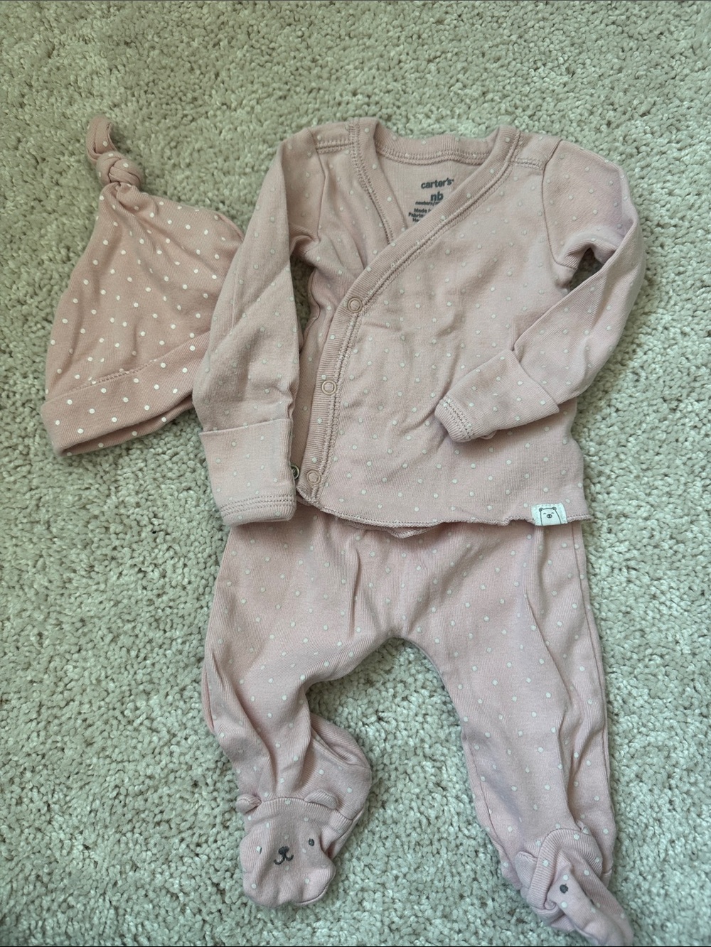 Carter's Light Pink Dot Footed One-Piece with Knotted Hat